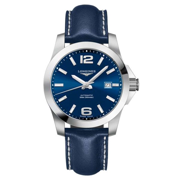 Longines Conquest Herrenuhr Automatik 41mm Blau Leder-Armband L3.777.4.99.0