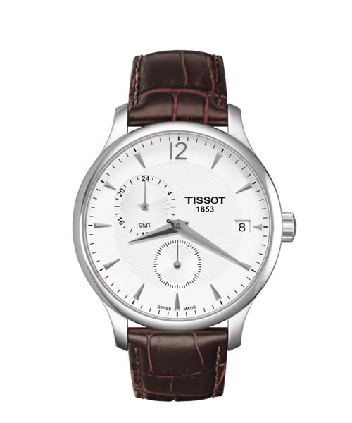 Tissot Tradition GMT Uhr Herren silber weiß Leder-Armband braun T063.639.16.037.00